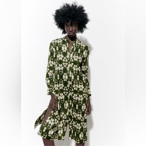ZARA Green Abstract Print Midi Shirt Dress – Size M – Perfect Condition